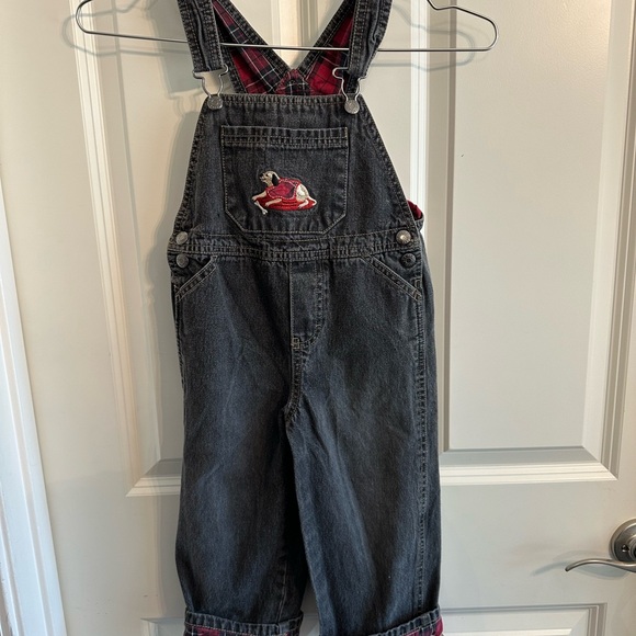 Kids Denim Overalls with Plaid lining and adorable dog decal - Picture 1 of 5